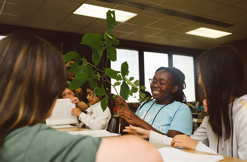 Grade school student holds up a plant specimen in a CORD class session